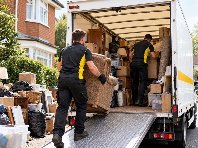 Bagged and boxed household belongings loaded into the van