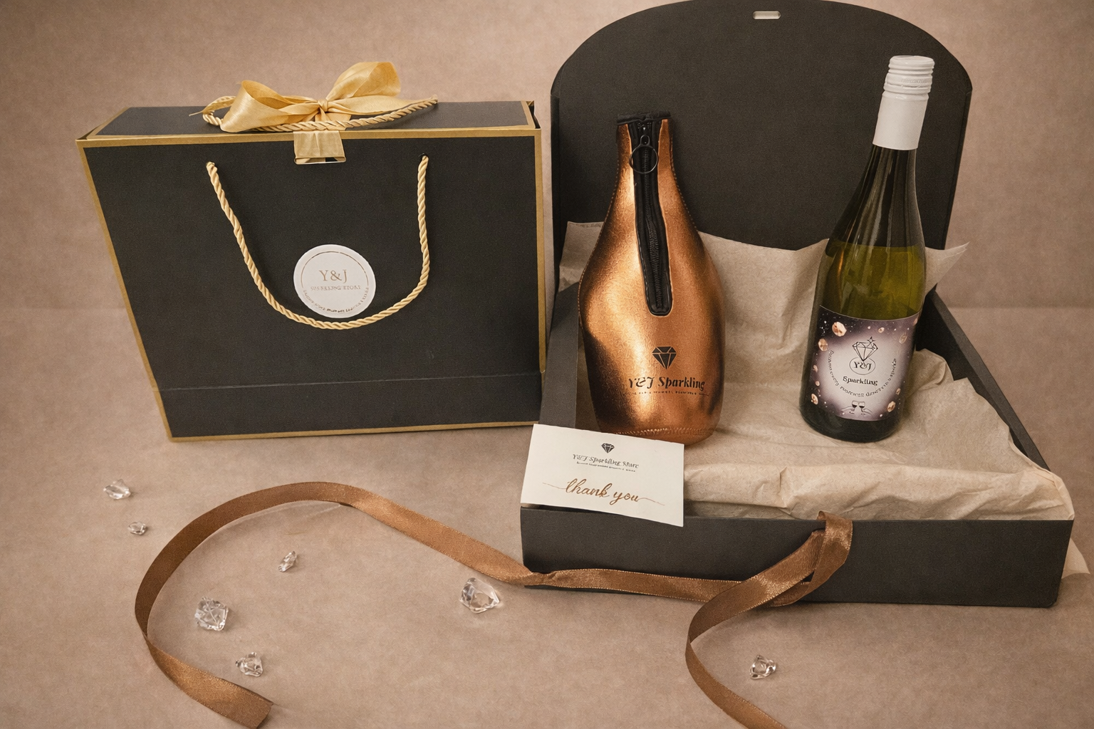 Cadeauset met wijnflessen, lint en een bedankkaartje in een zwarte doos met gouden accenten.