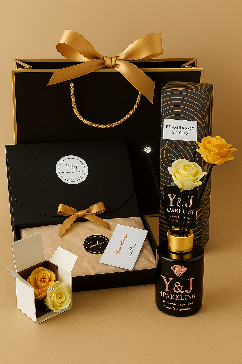 Zwarte geurverspreider met gouden en witte bloemen, in een doos. Label 