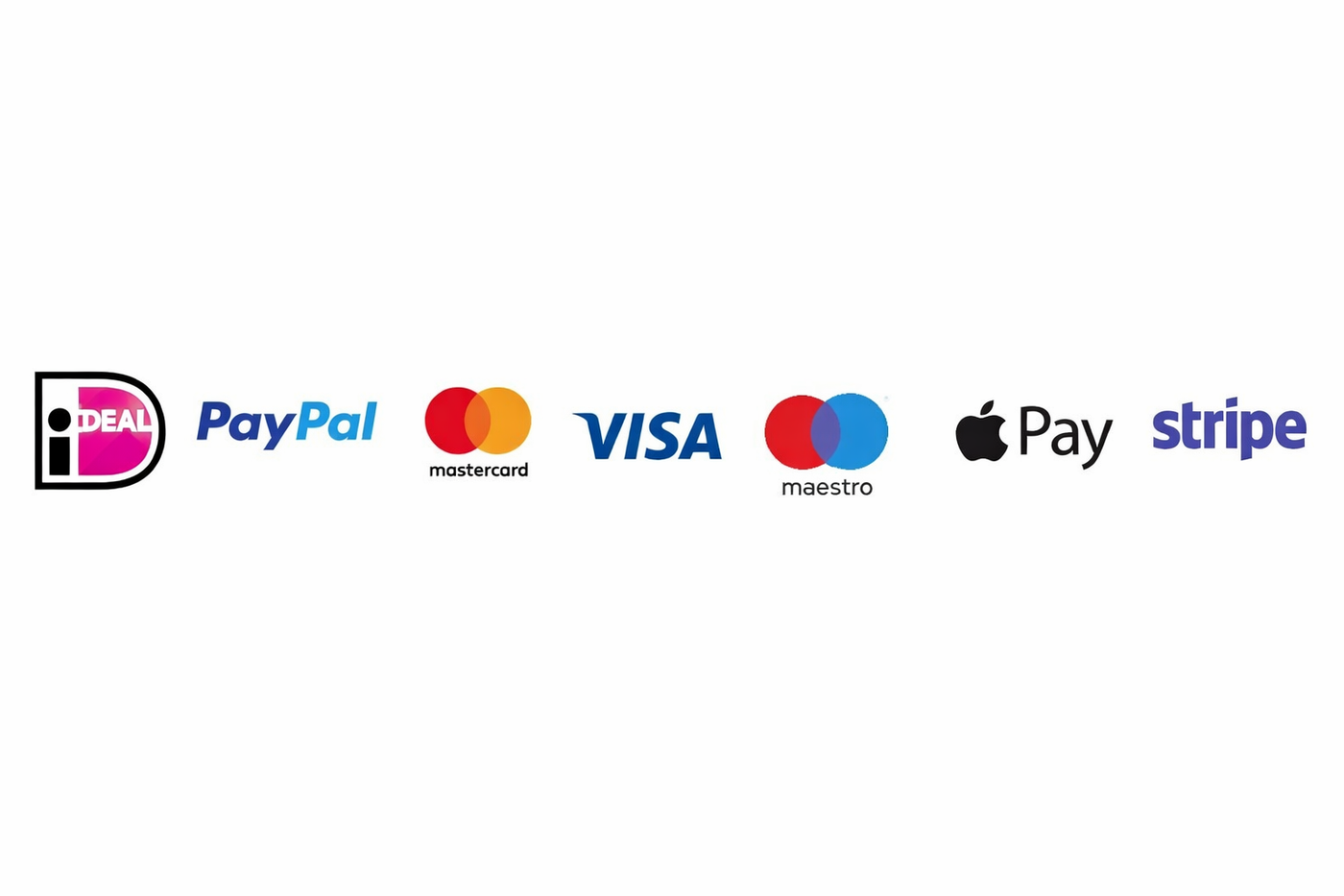 Betaalmethoden: iDEAL, PayPal, Mastercard, Visa, Apple Pay, Stripe-logo's.