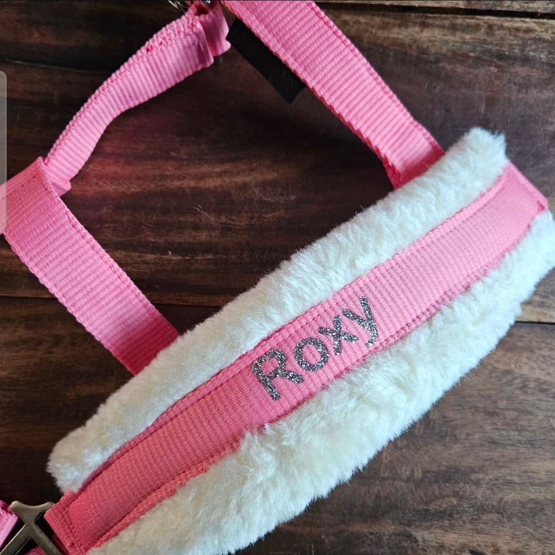 Een roze, gewatteerd tuigje met een witte voering van imitatiebont, gepersonaliseerd met de naam 