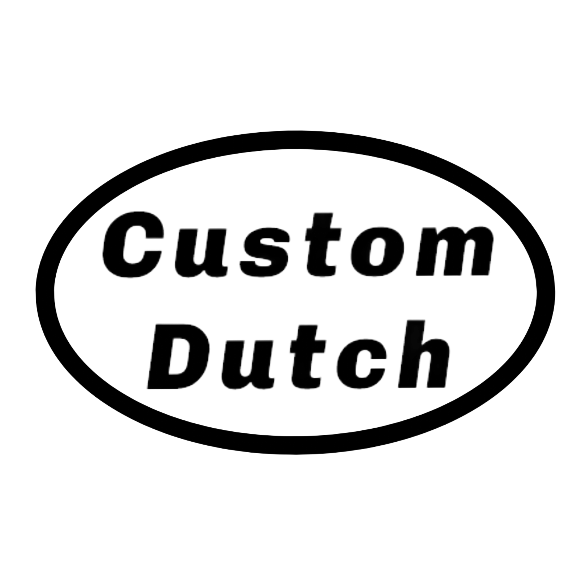 Logo: Zwarte ovaal met "Custom Dutch" in vetgedrukt, schreefloos lettertype.