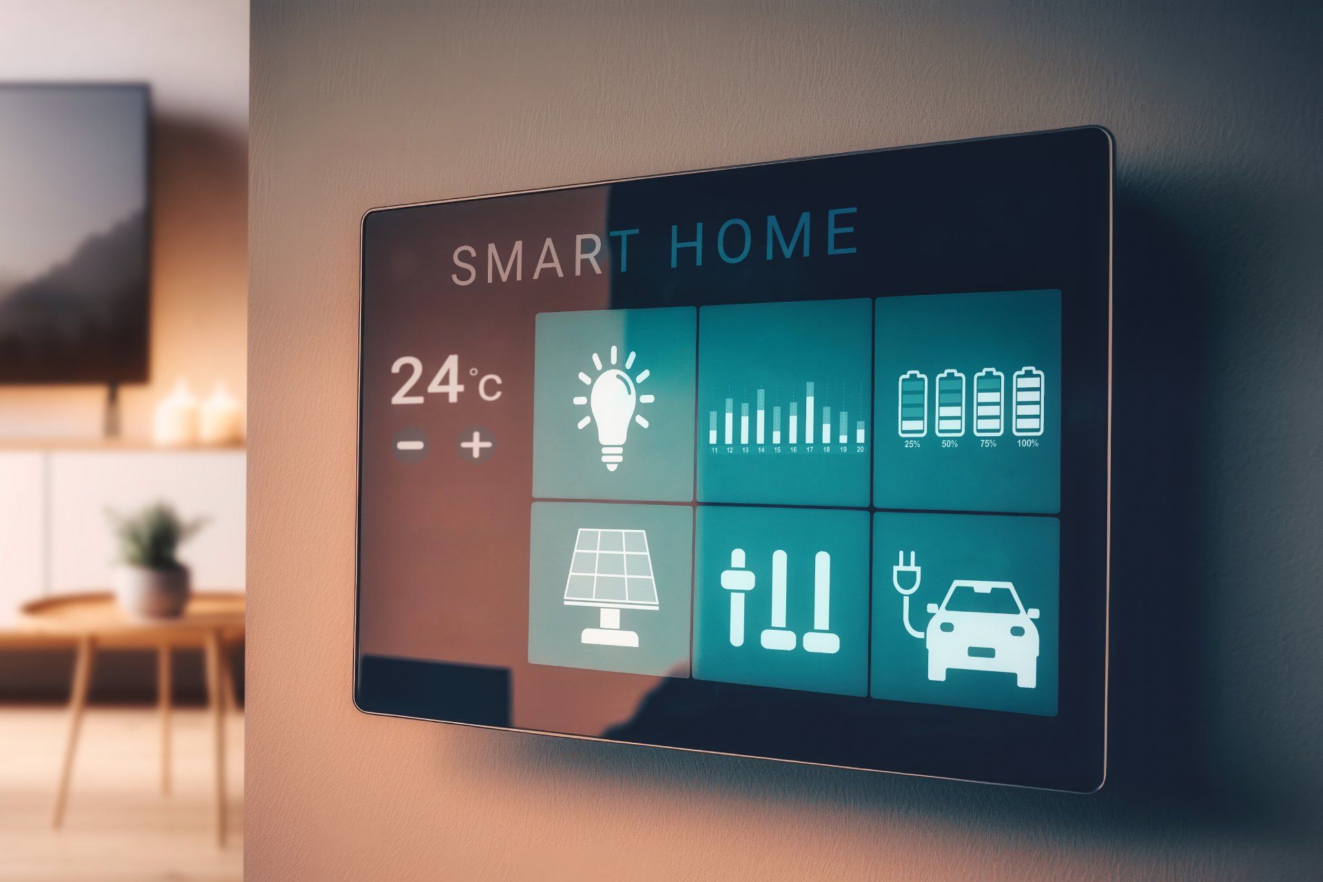 Smart home control panel on a wall displays energy use, settings, and a car charging icon.