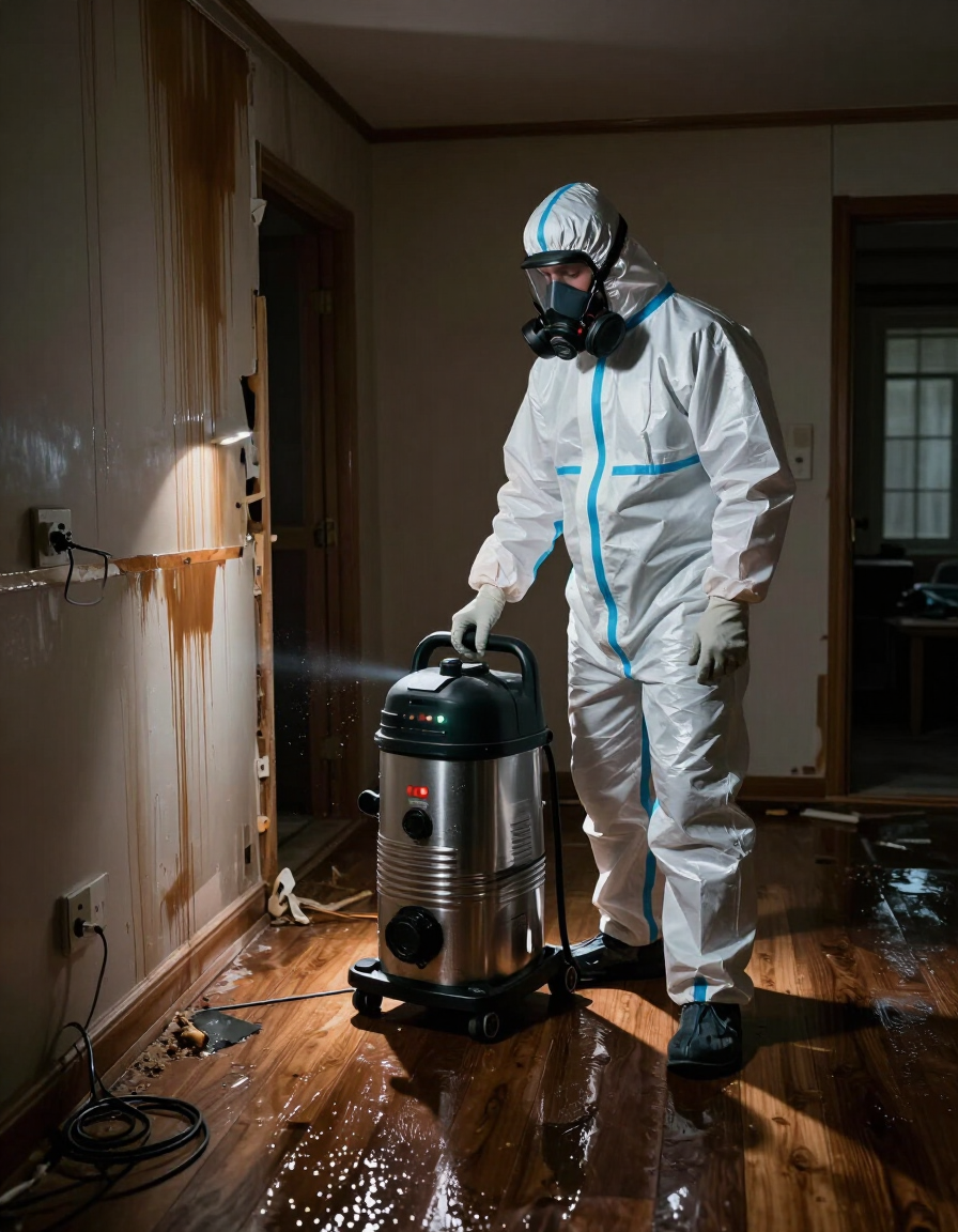 Restoration technician in PPE working in water-damaged room with industrial dehumidifiers