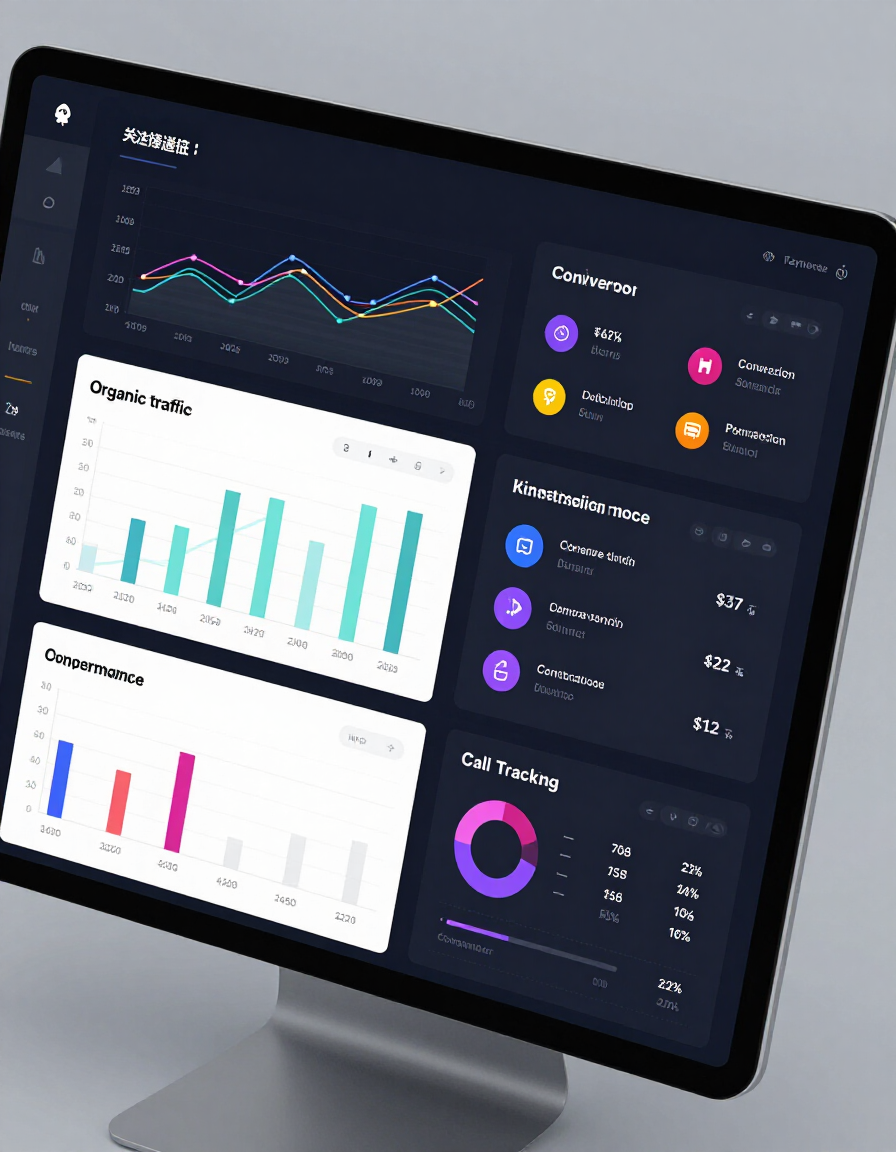 SEO reporting dashboard showing ranking improvements and conversion tracking