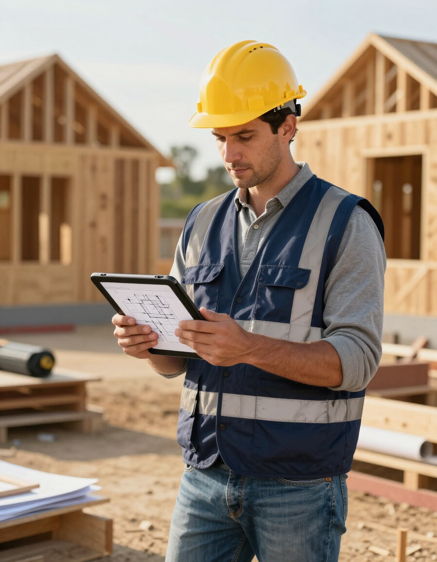 Contractor reviewing plans on a tablet at a job site