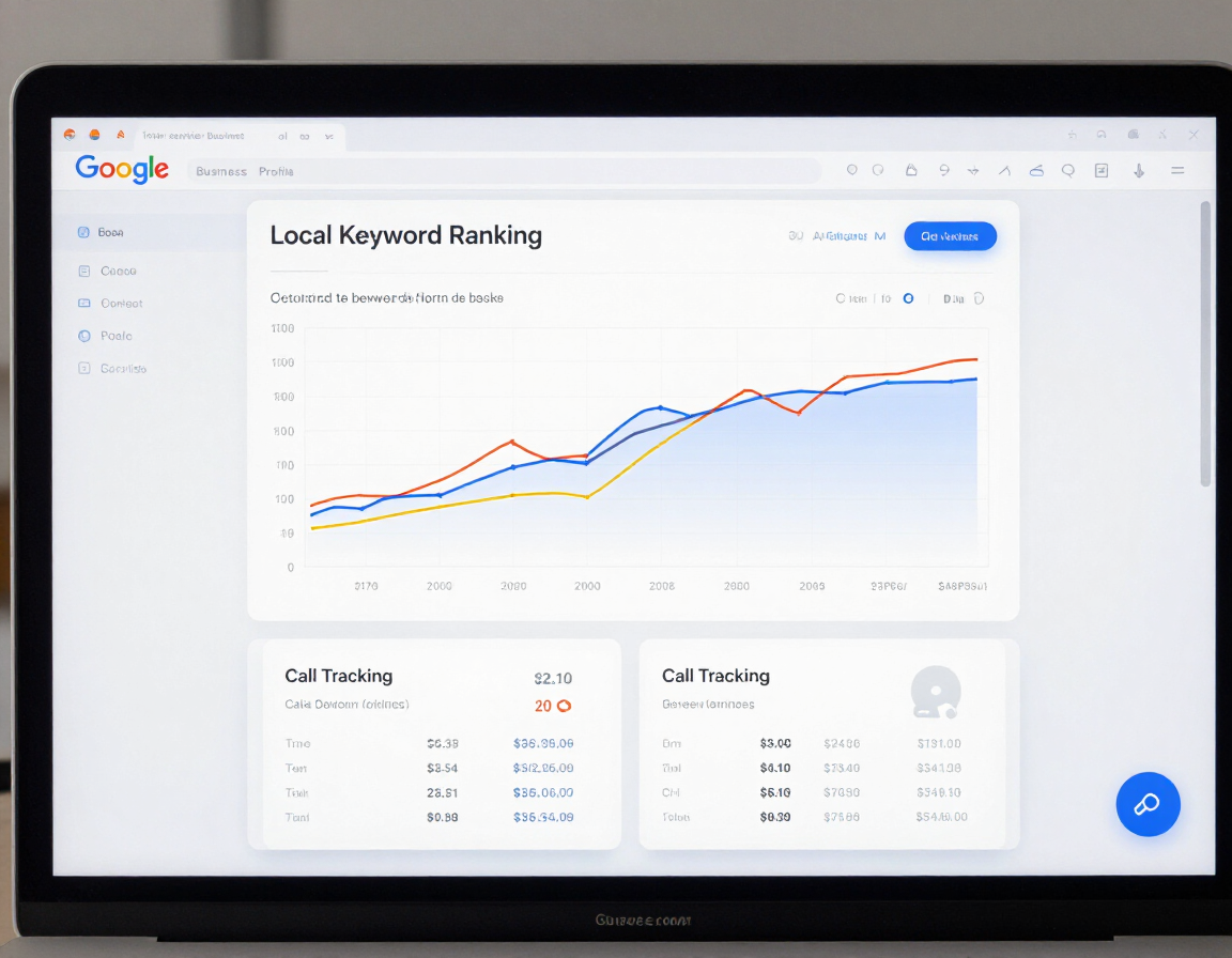 Google Business Profile panel with local keyword rankings and call tracking dashboard