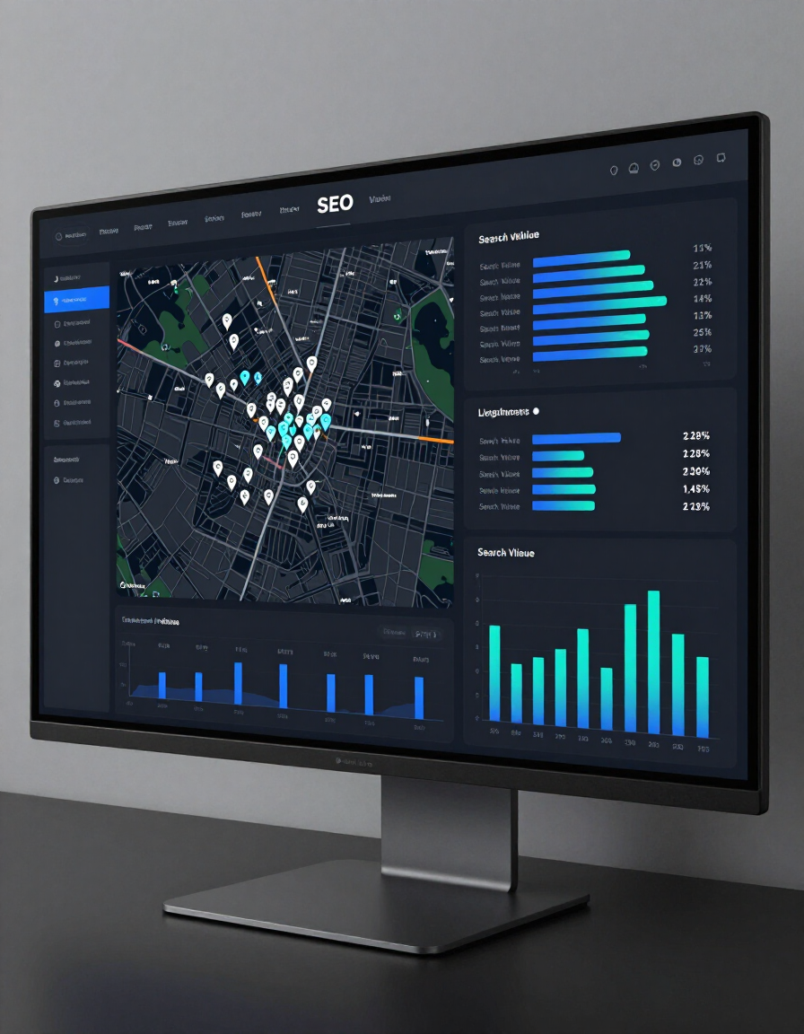 Real estate SEO analytics dashboard with neighborhood search data and local keyword clusters