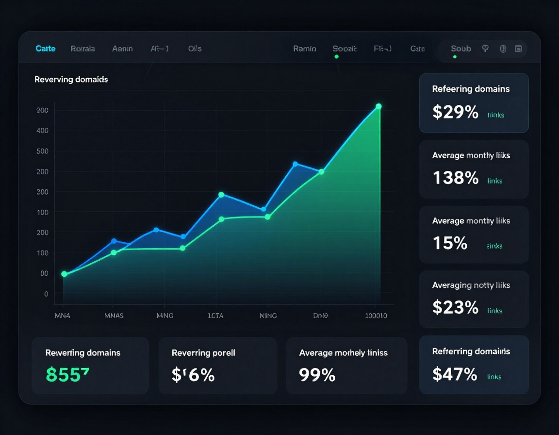 Referring domain growth chart dashboard with monthly link counts and domain metrics