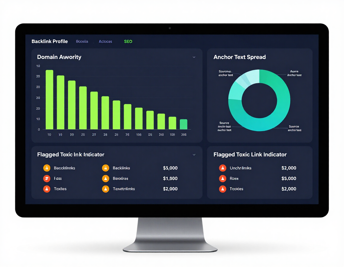 Backlink profile dashboard showing domain authority, anchor text distribution, and toxic link indicators