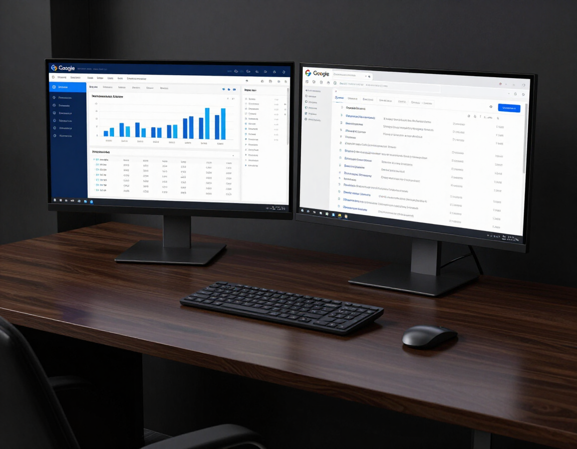 Law firm SEO dashboard on dual monitors in a dark premium office setting