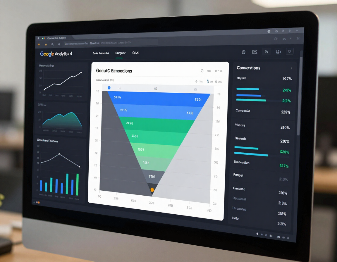 GA4 analytics dashboard showing conversion funnel and goal completions