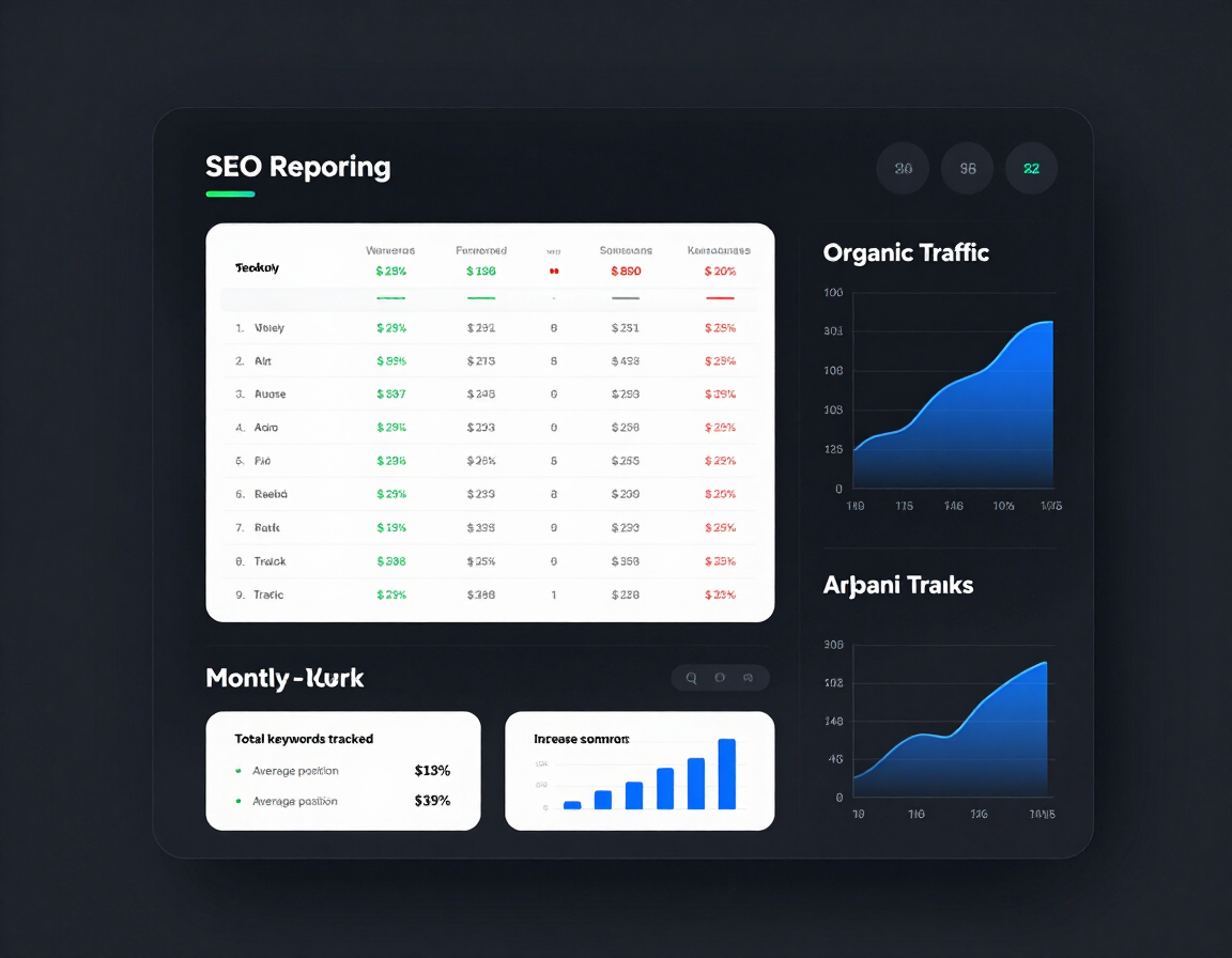 SEO reporting dashboard showing rank tracking and organic traffic trends