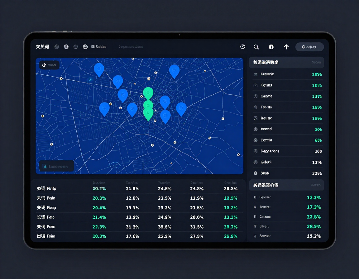 Multi-location SEO keyword rankings dashboard showing per-city visibility metrics