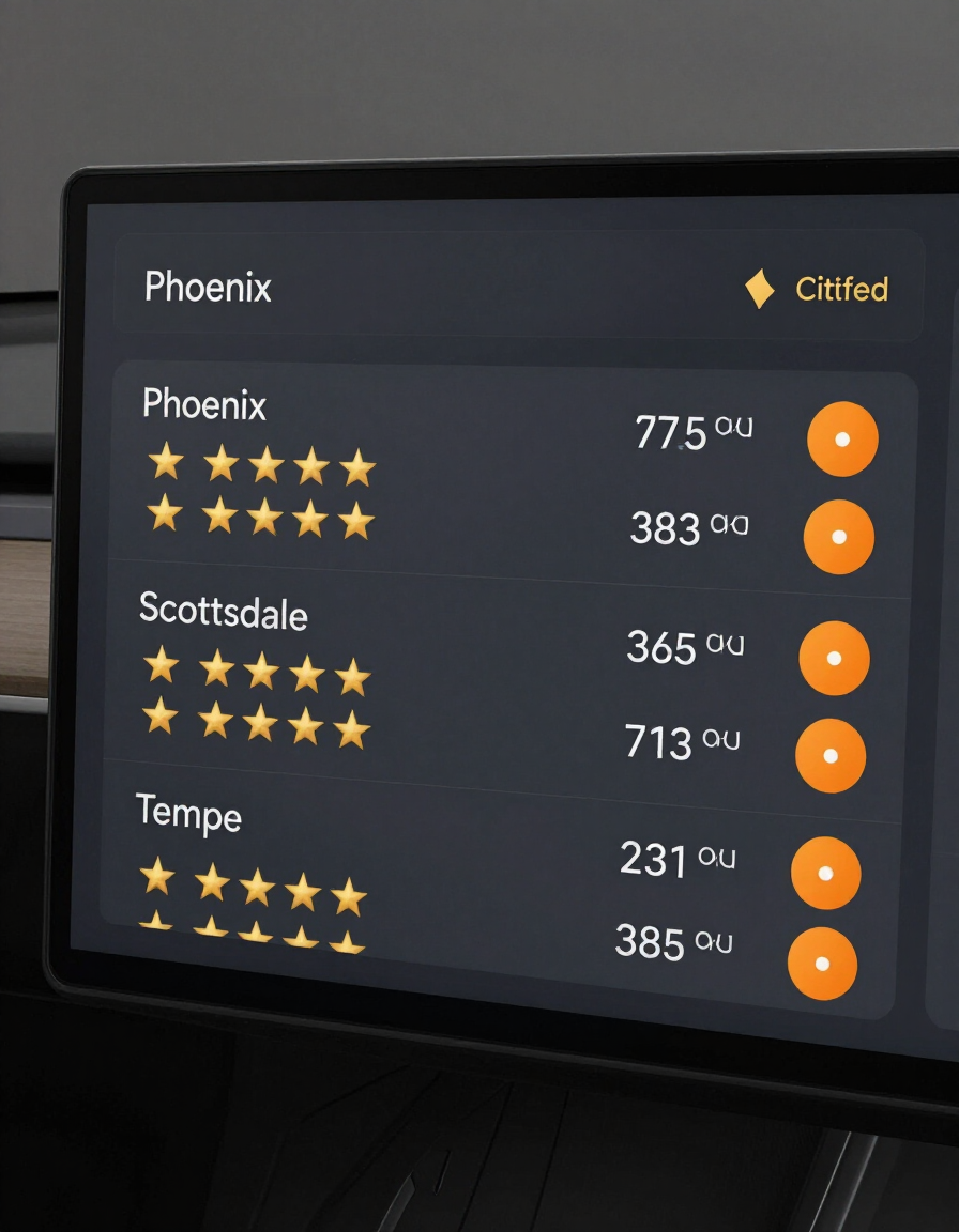 Multi-location Google Business Profile management dashboard showing Phoenix, Scottsdale, and Tempe location rows with ratings and citation status