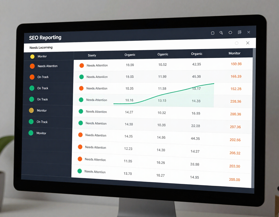 Per-location SEO reporting dashboard showing keyword rankings, organic traffic trends, and priority indicators per location
