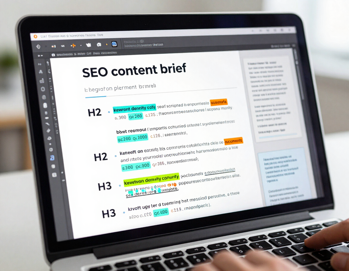 SEO content brief with keyword density callouts and heading hierarchy annotations