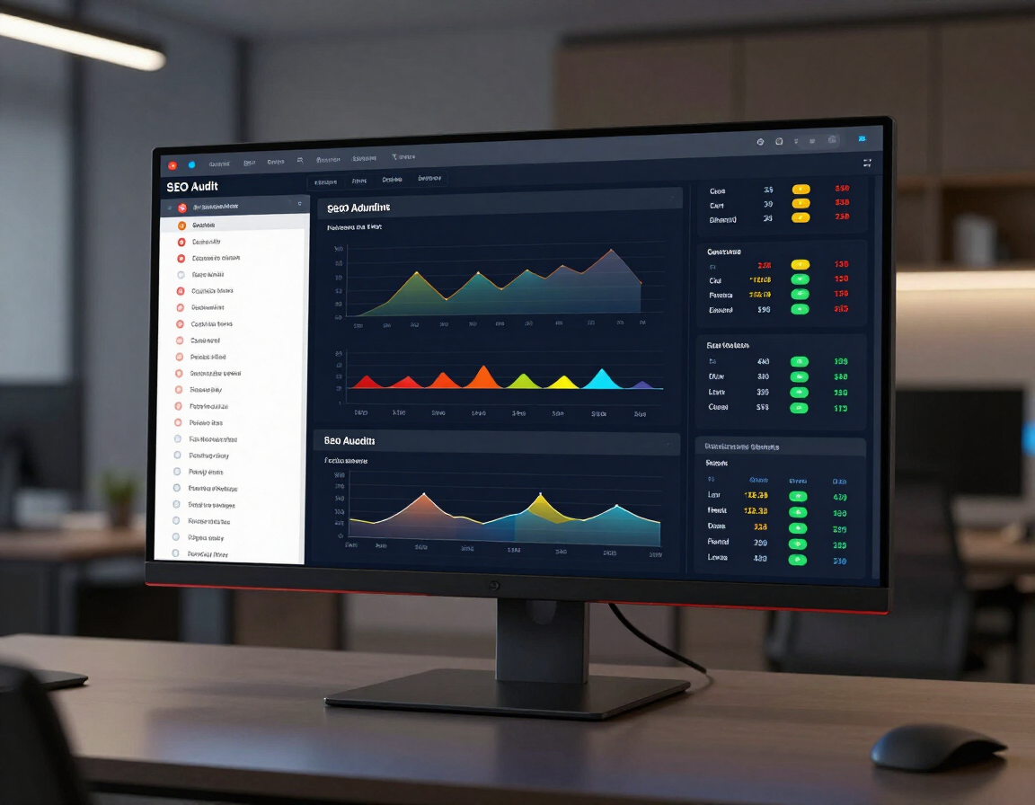 SEO audit report dashboard on a large monitor