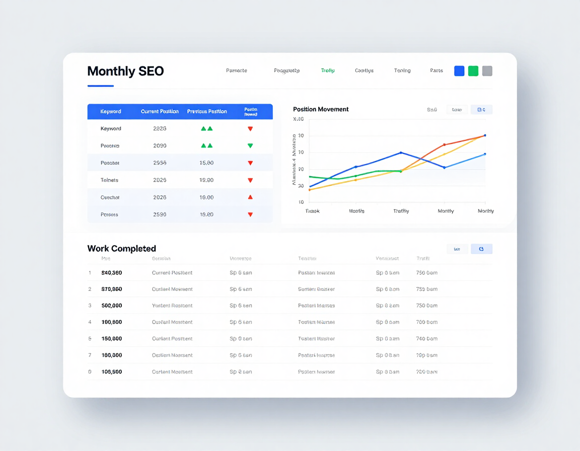 Structured monthly SEO report with keyword rankings, traffic trends, and work completed log