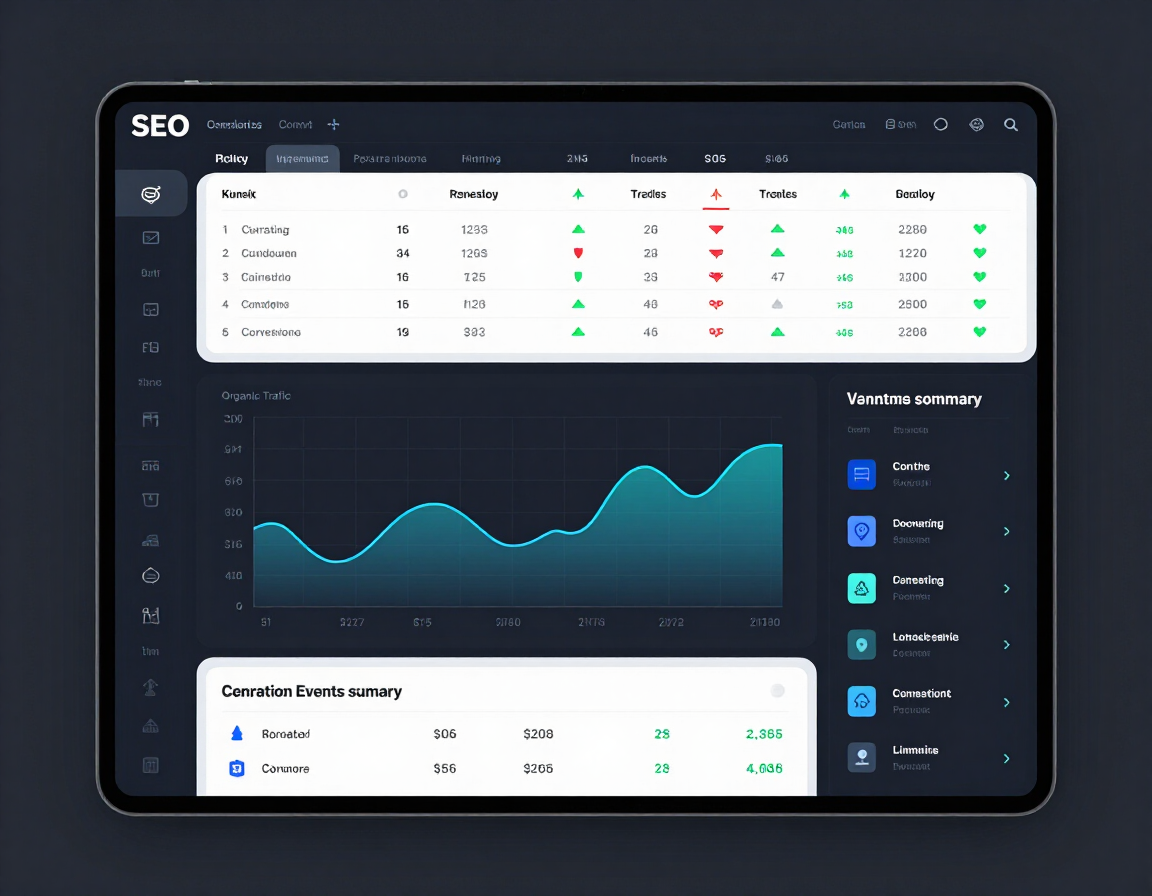 SEO analytics dashboard showing keyword rankings, organic traffic trends, and conversion events