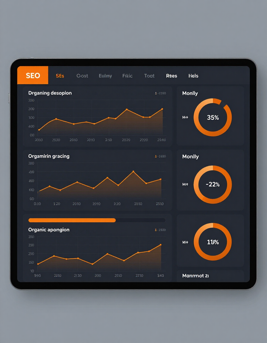 Managed SEO reporting dashboard showing keyword rankings and traffic trends