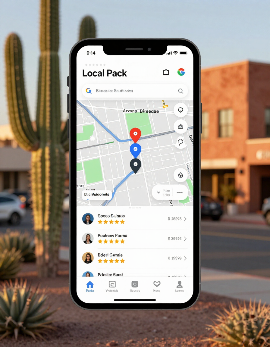 Google Maps local pack result on smartphone in Arizona cityscape