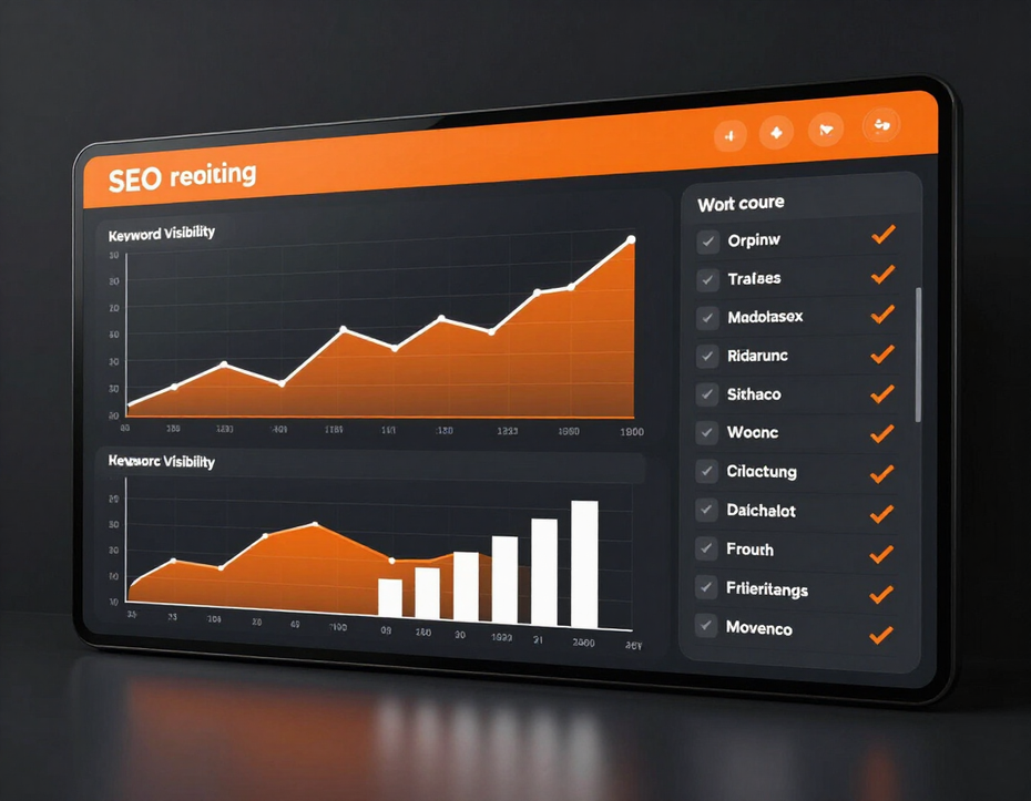SEO reporting dashboard showing keyword visibility trends and organic traffic