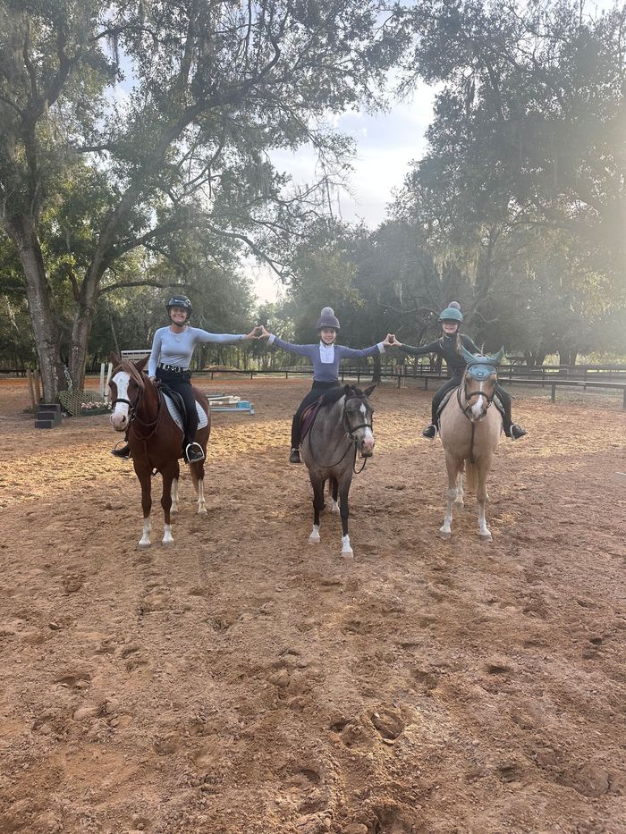 Three riders on horses in a leafy outdoor clearing, facing the camera.