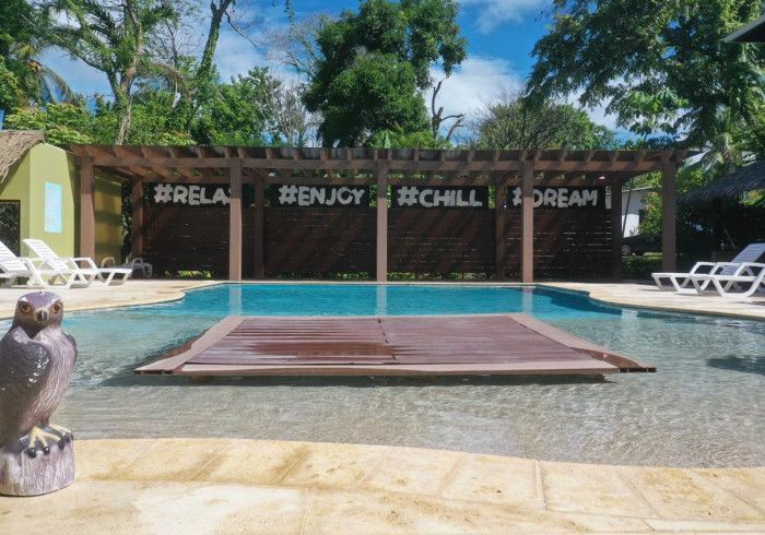 A large swimming pool with a statue of an owl in front of it. Hamacas hotel 