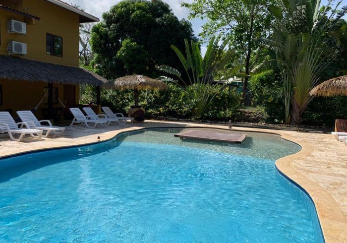 A large swimming pool with chairs and umbrellas around it. Hamacas hotel 