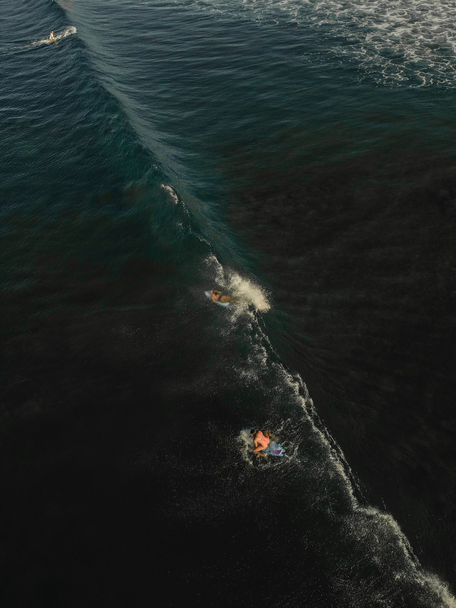 Two swimmers in dark water, one near a foamy wake, seen from above