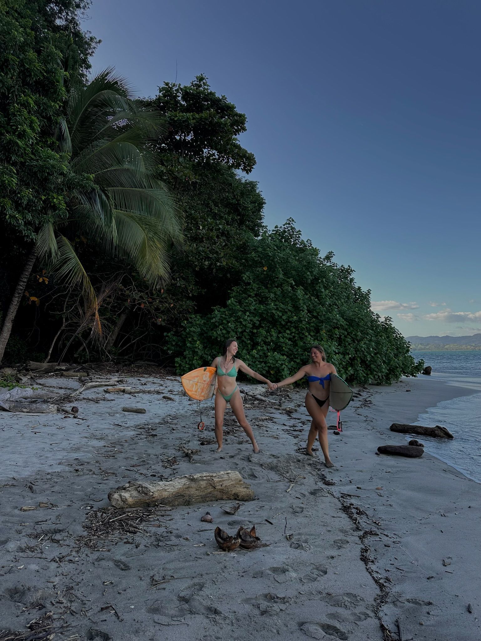 Two people on a sandy beach at dusk, holding hands near dense green trees and calm blue water.