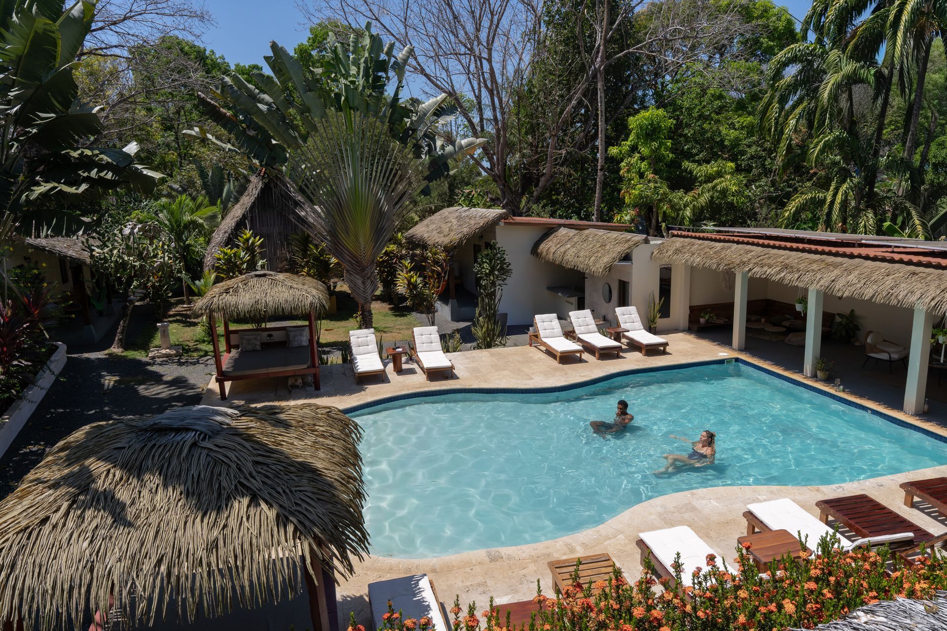 Tropical resort pool with lounge chairs, thatched cabana, and two people swimming