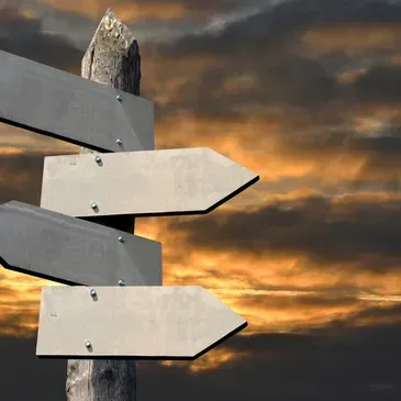 Blank wooden signposts on a post against a cloudy sunset sky