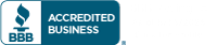 BBB Accredited Business badge with teal banner and torch logo on white background