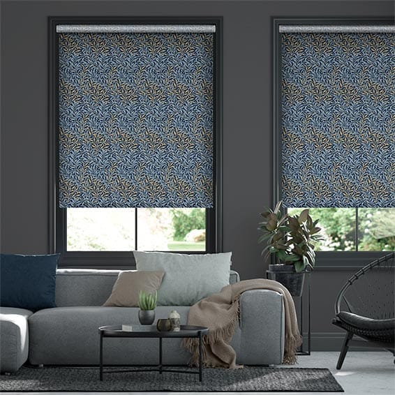 Blue blinds in a dark grey room