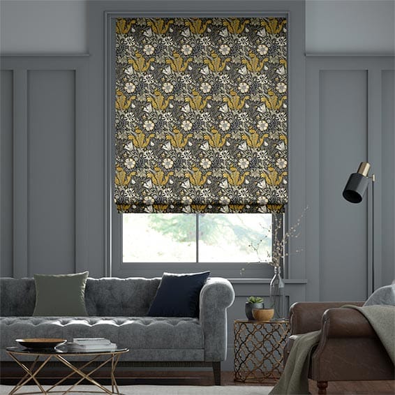 Modern abstract blinds in a grey living room