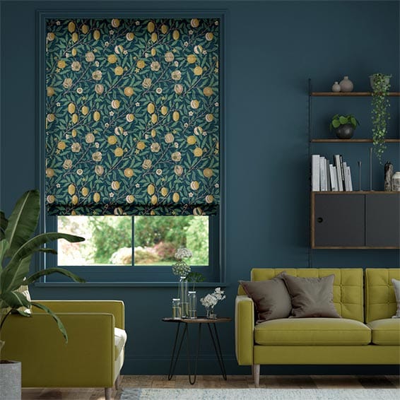 Blue and yellow abstract patterned blinds