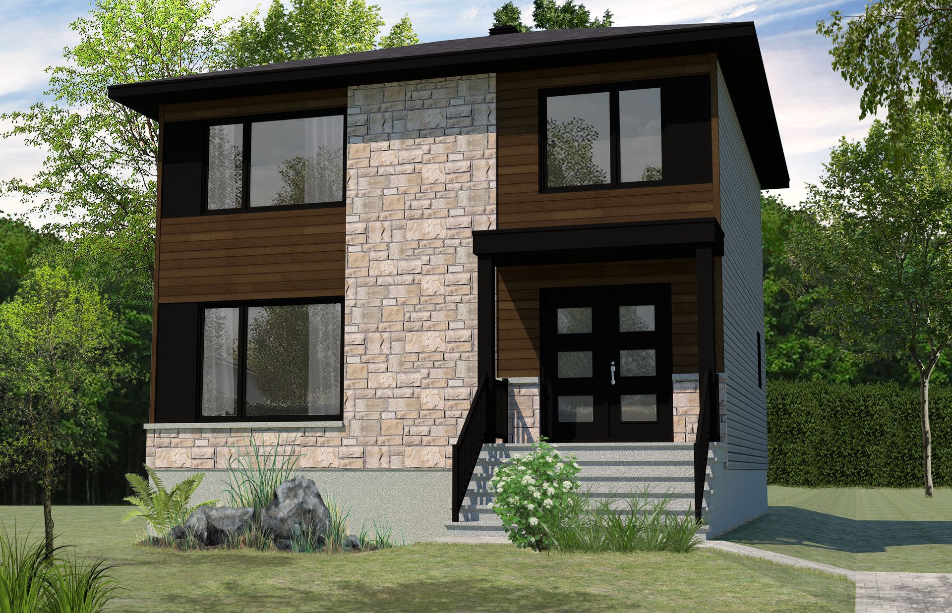 Une impression d'artiste d'une maison avec une façade en pierre