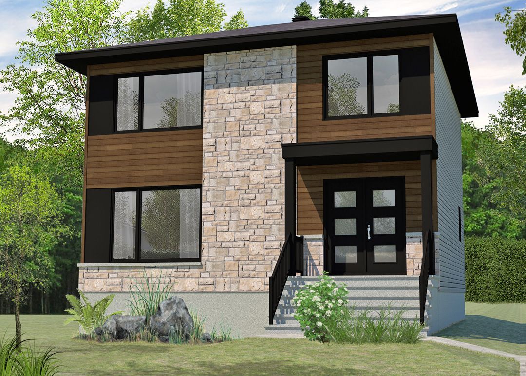 Une image générée par ordinateur d'une maison avec beaucoup de fenêtres et d'arbres en arrière-plan.