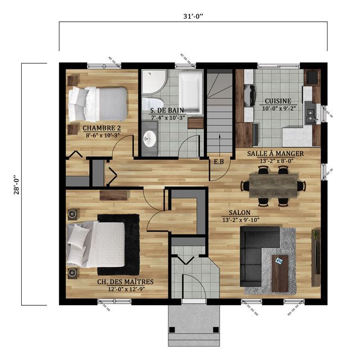 Un plan d'étage d'une maison avec une chambre, un salon et une cuisine.