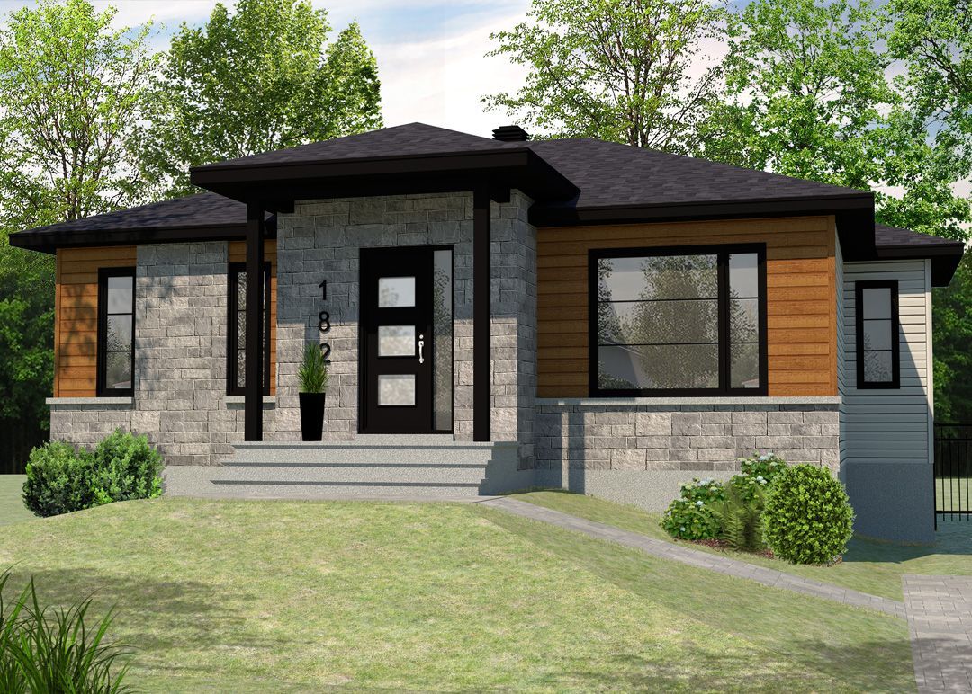 Impression d'artiste d'une maison moderne avec un toit noir entouré d'arbres.