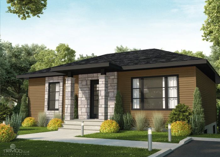 Une petite maison au toit noir est entourée d'arbres et d'herbe.