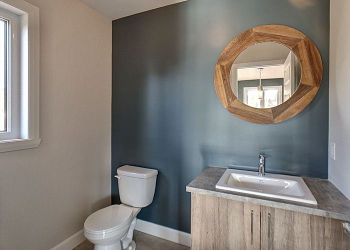 Une salle de bain avec WC, lavabo et miroir.