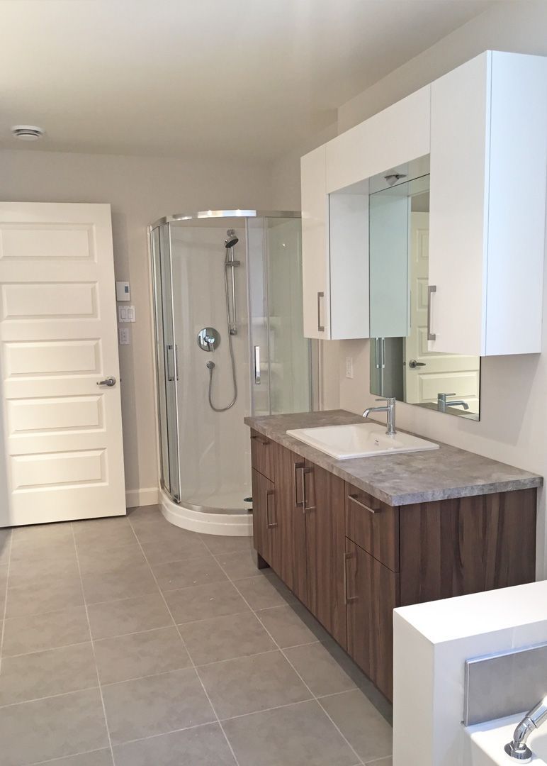 Une salle de bain avec lavabo, douche et miroir.
