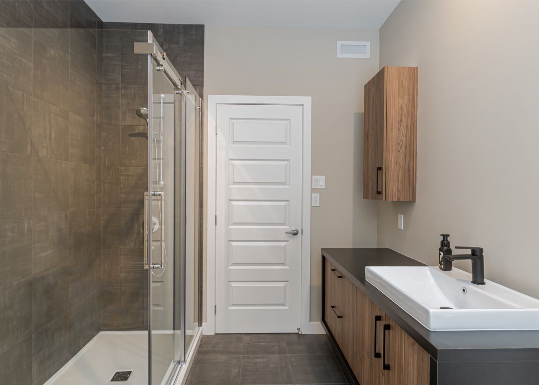 Une salle de bain avec un lavabo et une douche à l'italienne.