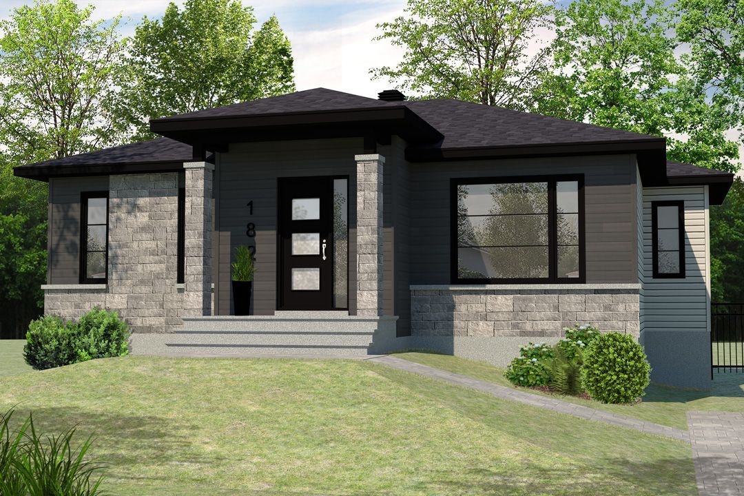 Impression d'artiste d'une maison moderne avec un toit noir entouré d'arbres.