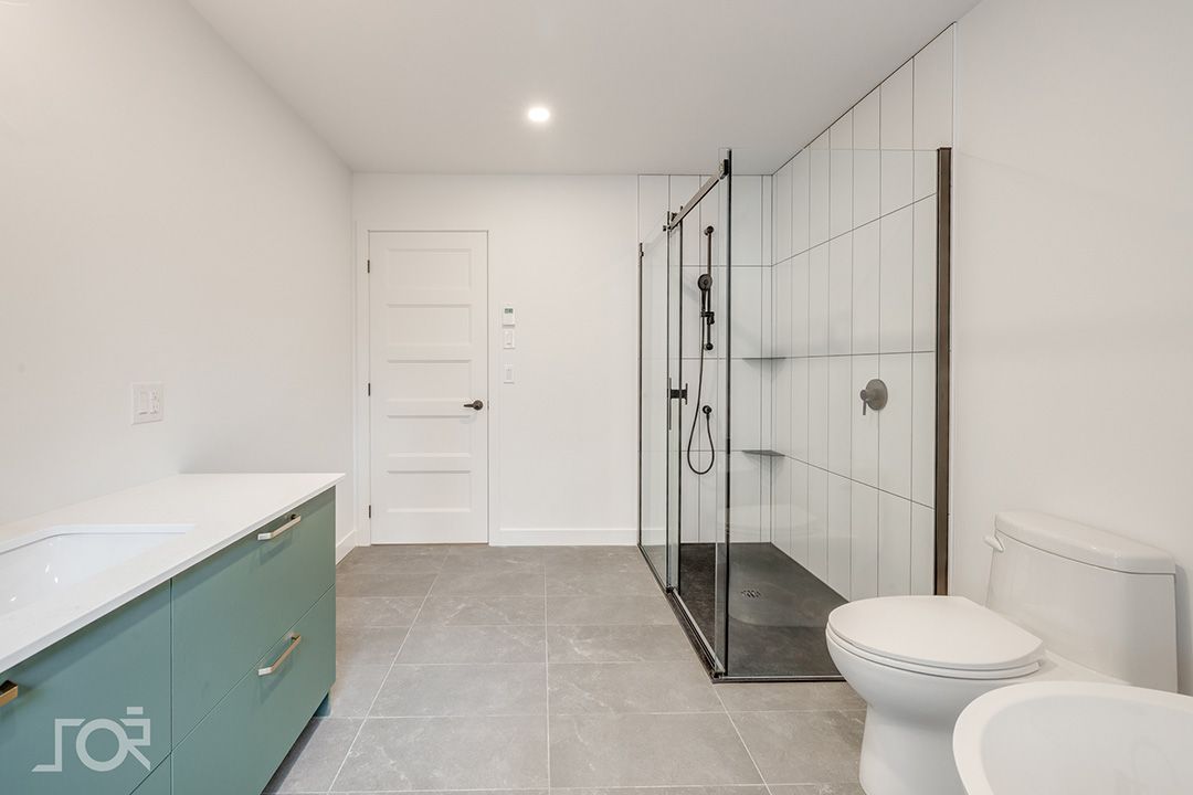 Une salle de bain avec WC, lavabo et douche.