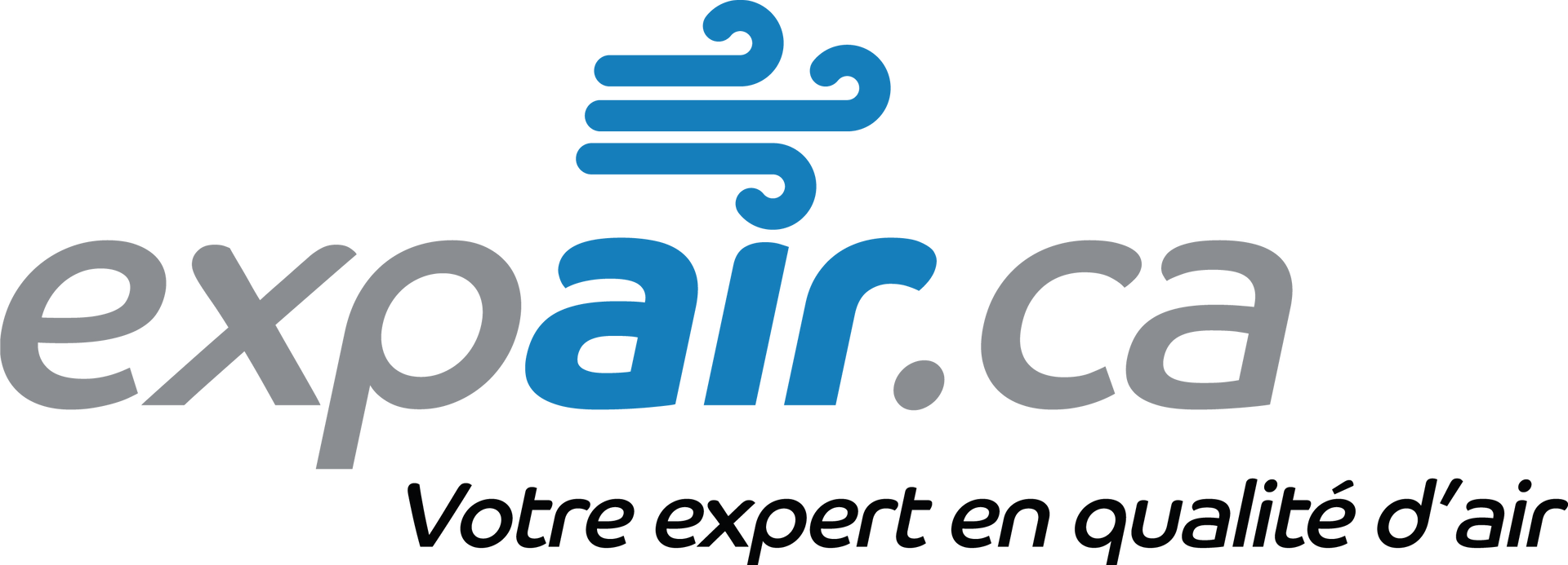 Logo de « expair.ca », avec un symbole de flux d'air bleu et le slogan « Votre expert en qualité d'air ».