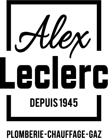 Logo d'Alex Leclerc, entreprise de plomberie, chauffage et gaz, fondée en 1945. Texte noir sur fond blanc.